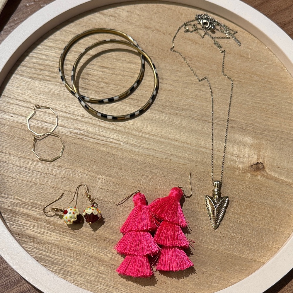 Pink Tassel Earrings and Silver Necklace Set